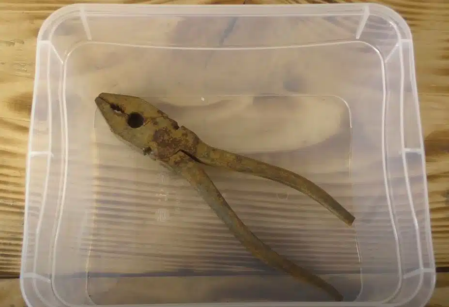 A rusted wrench sitting in a plastic bowl