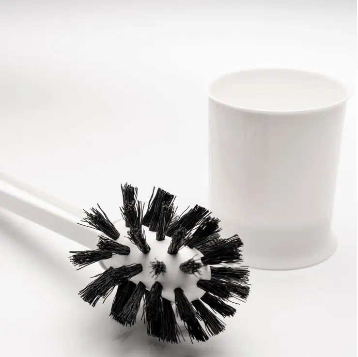 black bristled toilet brush next to white toilet brush holder