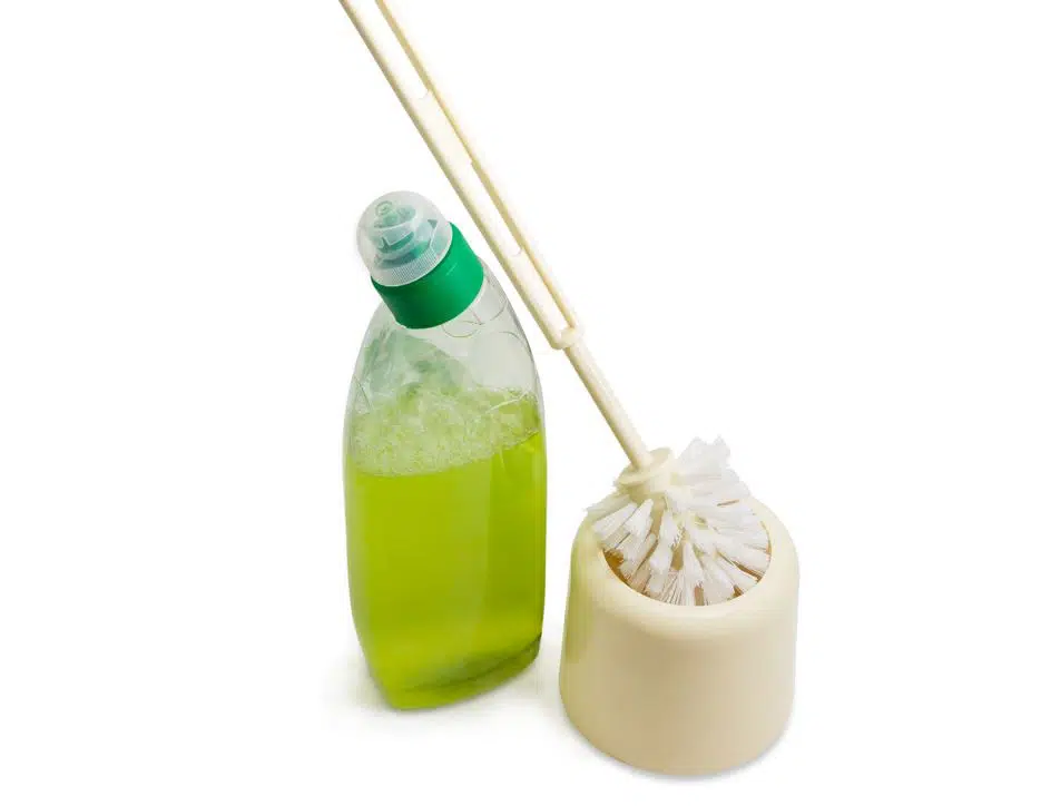 brown toilet brush and holder next to green liquid detergent