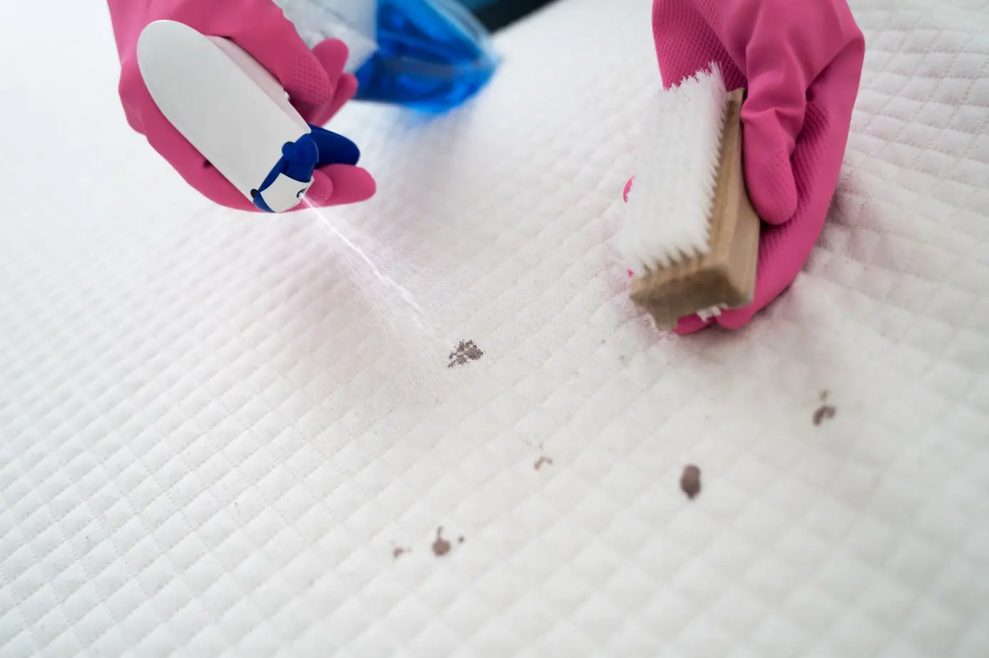 cleaning solution being applied to a stain on a white mattress