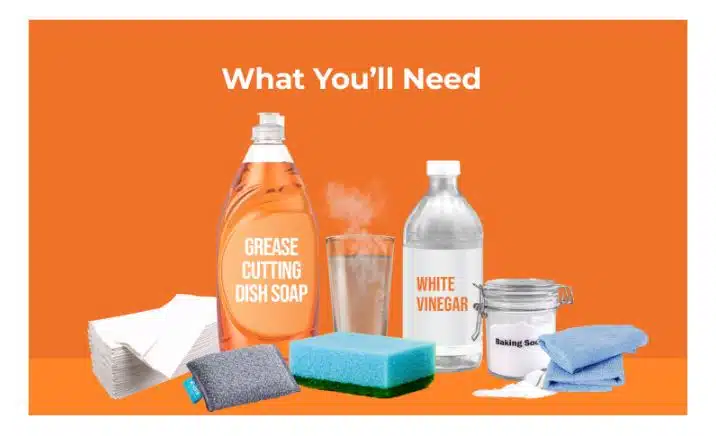 items needed to clean oven tray on an orange background