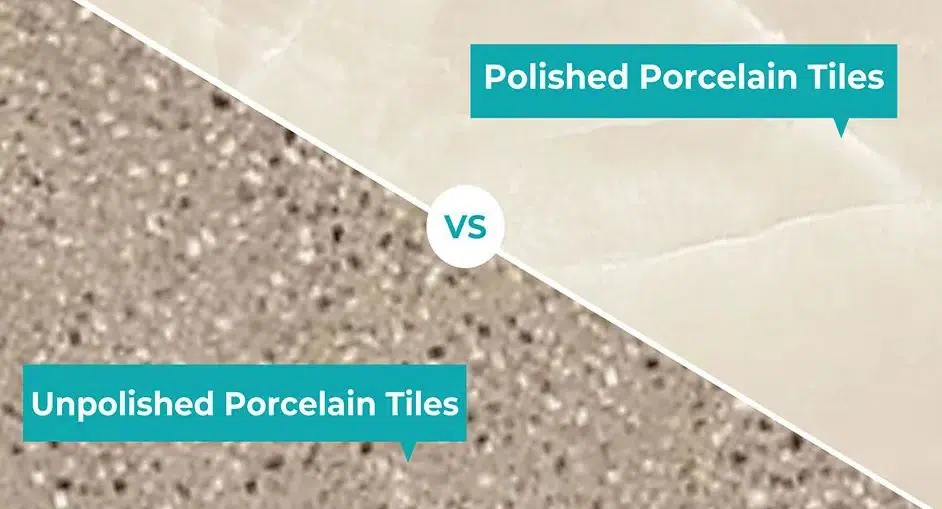 photo comparison of both polished and unpolished porcelain tile floors
