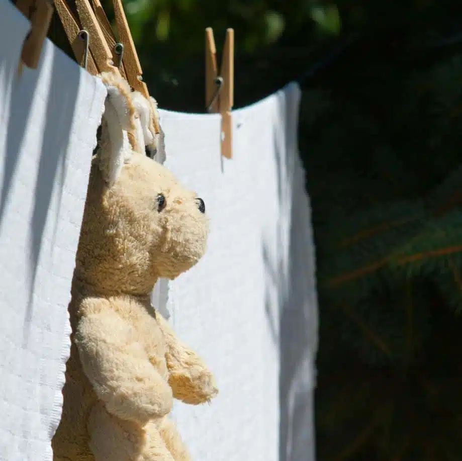 sideview of a washed stuffed animal hung with wooden pegs on a clothesline