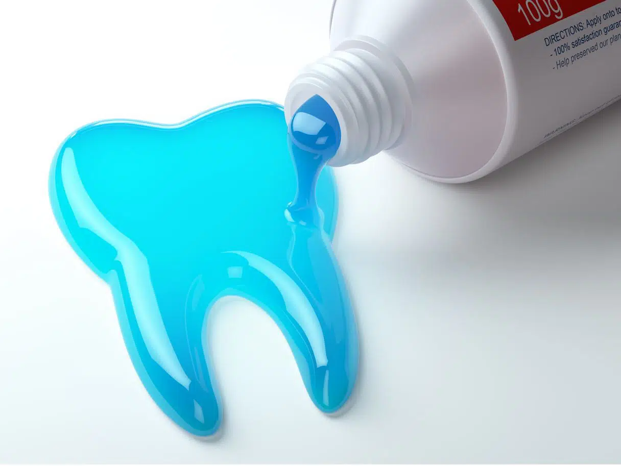 toothpaste on its side spilling blue toothpaste