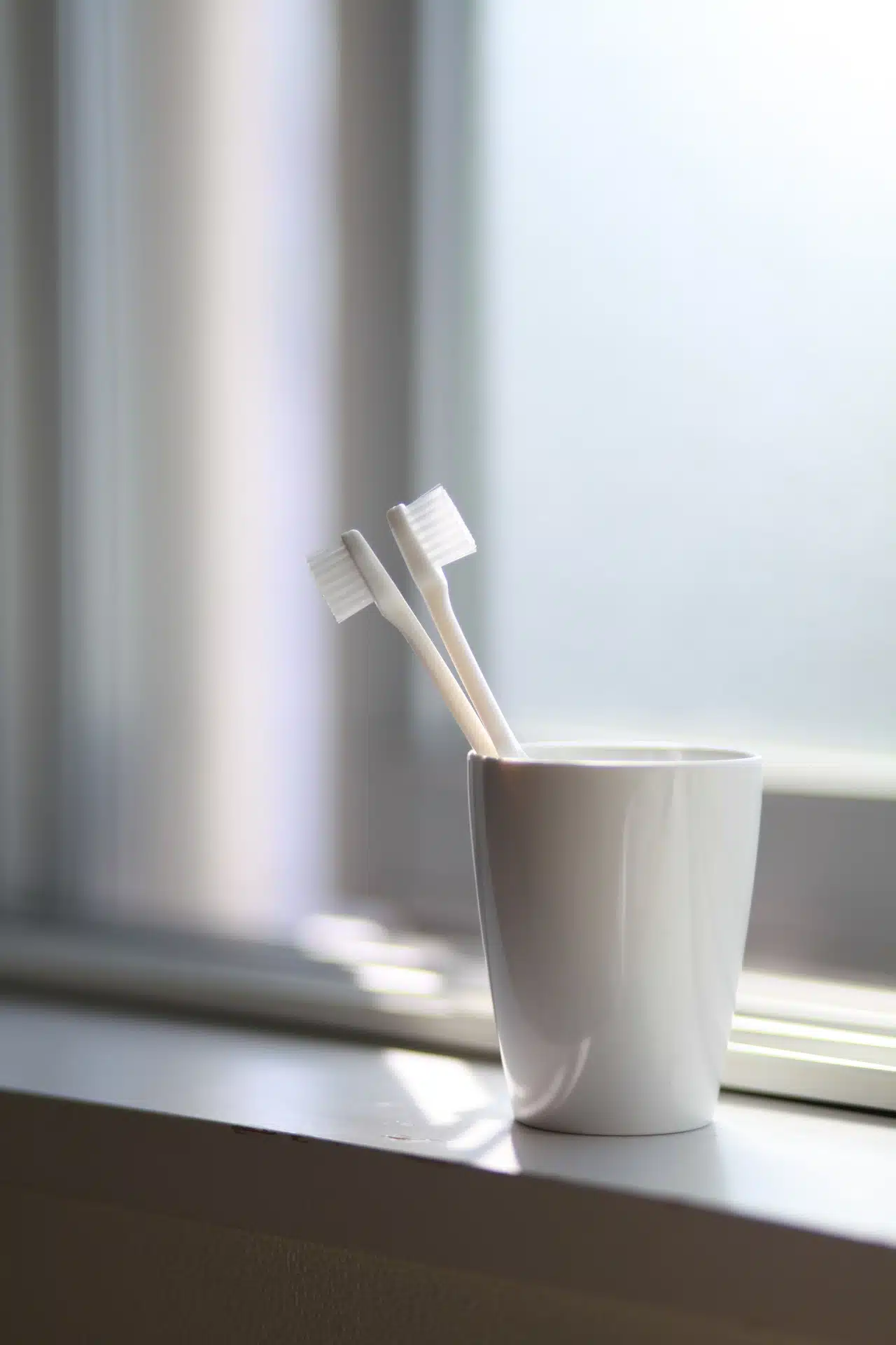 Two toothbrushes in a white mug on a windowsill