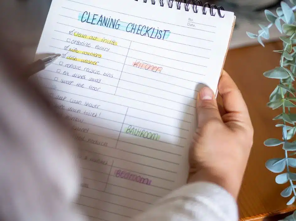woman looking at handwritten cleaning checklist
